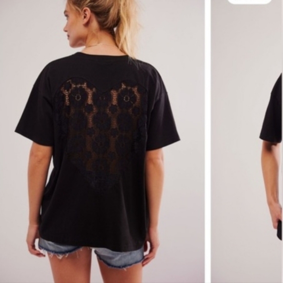 Daydreamer Free People Black Lace Heart Tee‎ Shirt 100% Cotton XL - Picture 1 of 8